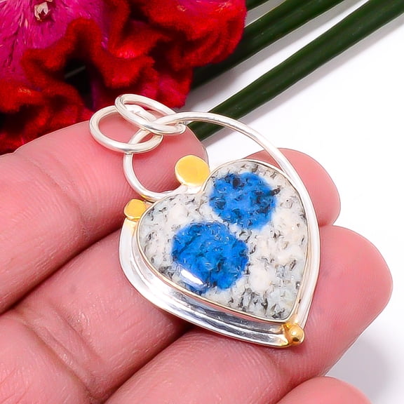 Heart - K2 Blue Azurite - Pakistan 925 Sterling Silver Two Tone Designer Pendant 1.56" Sku8, Gray & Blue Pendant, Natural Gemstone Pendant
