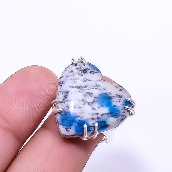 Heart -K2 Blue Azurite -Pakistan Solitaire Gemstone Handmade 925 Sterling Silver Ring s.7, Grey & Blue K2 Blue Azurite Ring R_8024_297_110