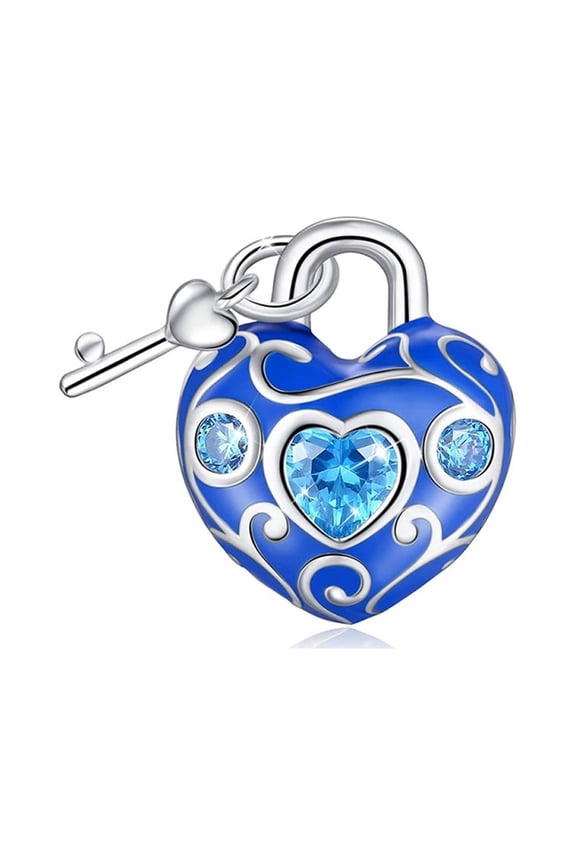 Heart Key Charm European Bead Sterling Silver Blue CZ Ginger Lyne Collection