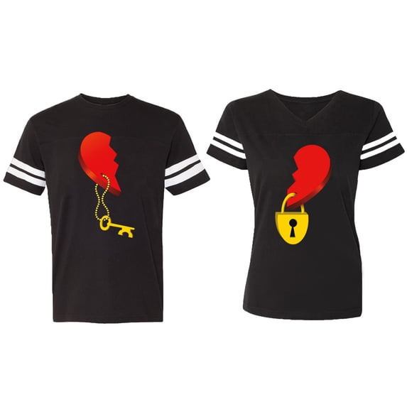 Heart Key Lock Matching Couple Cotton Jerseys (Men Black / Women Black) (Men S / Women XL)