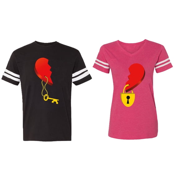 Heart Key Lock Matching Couple Cotton Jerseys (Men Black / Women Pink) (Men S / Women M)