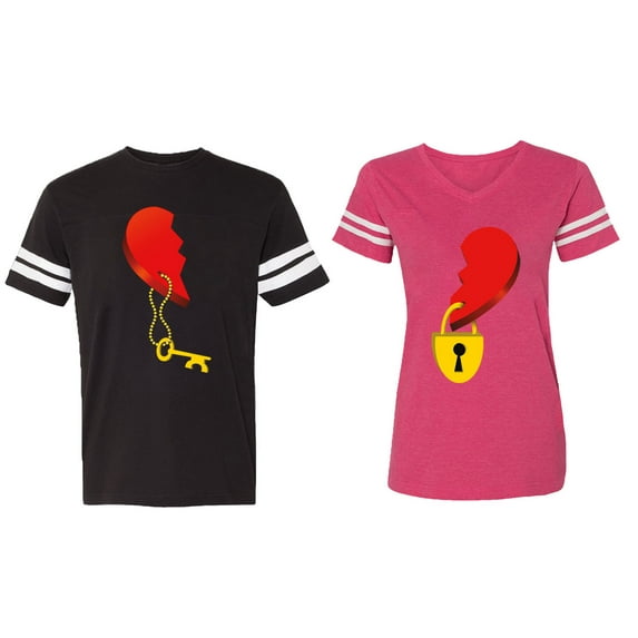Heart Key Lock Matching Couple Cotton Jerseys (Men Black / Women Pink) (Men XL / Women L)