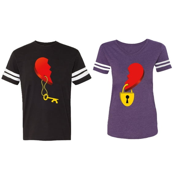 Heart Key Lock Matching Couple Cotton Jerseys (Men Black / Women Purple) (Men M / Women XL)