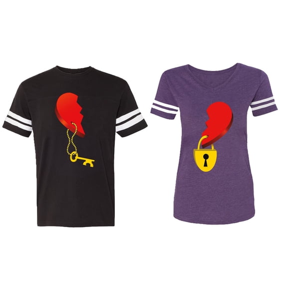 Heart Key Lock Matching Couple Cotton Jerseys (Men Black / Women Purple) (Men XL / Women L)