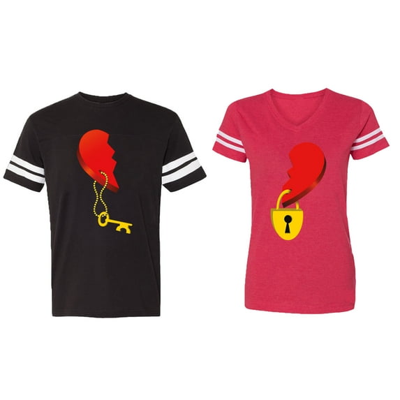 Heart Key Lock Matching Couple Cotton Jerseys (Men Black / Women Red) (Men L / Women XXL)