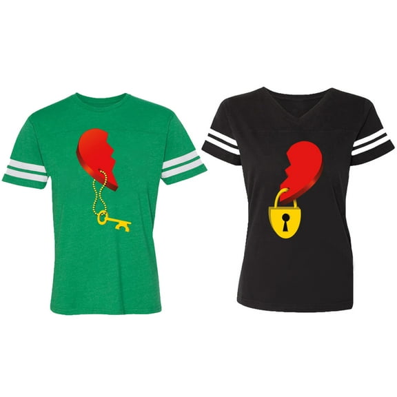 Heart Key Lock Matching Couple Cotton Jerseys (Men Green / Women Black) (Men S / Women XXL)