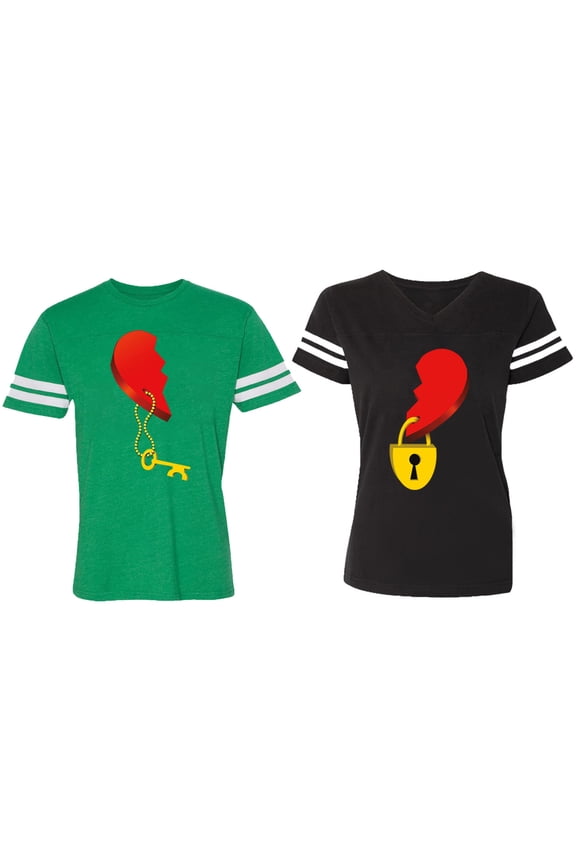 Heart Key Lock Matching Couple Cotton Jerseys (Men Green / Women Black) (Men XXL / Women S)