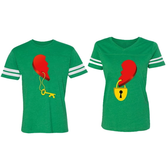 Heart Key Lock Matching Couple Cotton Jerseys (Men Green / Women Green) (Men S / Women XL)