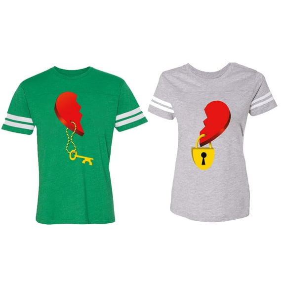 Heart Key Lock Matching Couple Cotton Jerseys (Men Green / Women Heather) (Men XL / Women M)