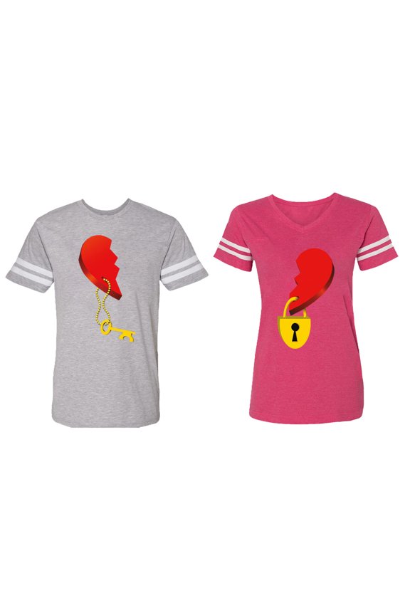 Heart Key Lock Matching Couple Cotton Jerseys (Men Heather / Women Pink) (Men L / Women M)