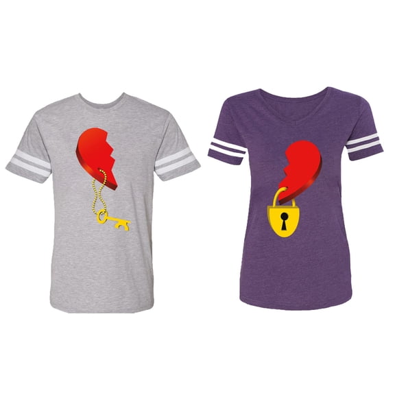 Heart Key Lock Matching Couple Cotton Jerseys (Men Heather / Women Purple) (Men M / Women M)