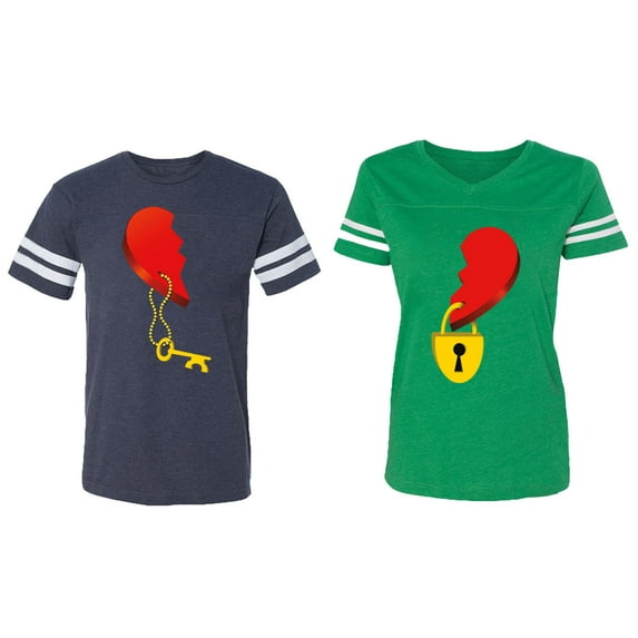 Heart Key Lock Matching Couple Cotton Jerseys (Men Navy / Women Green) (Men XL / Women XXL)