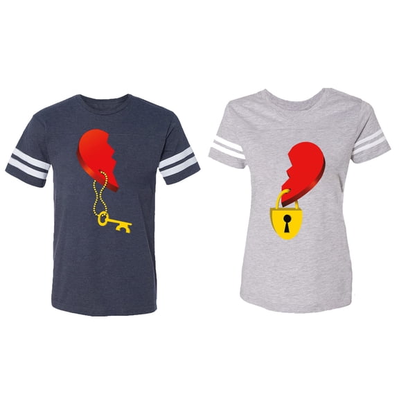Heart Key Lock Matching Couple Cotton Jerseys (Men Navy / Women Heather) (Men M / Women S)