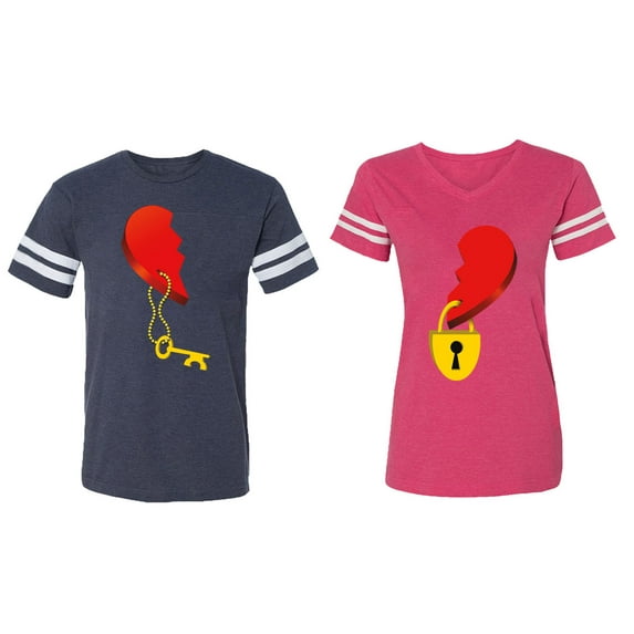 Heart Key Lock Matching Couple Cotton Jerseys (Men Navy / Women Pink) (Men S / Women L)