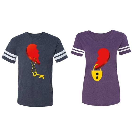 Heart Key Lock Matching Couple Cotton Jerseys (Men Navy / Women Purple) (Men S / Women XXL)