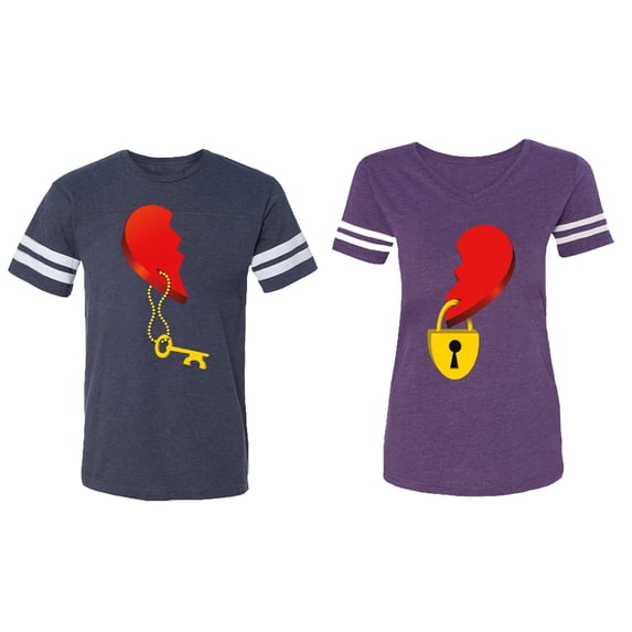 Heart Key Lock Matching Couple Cotton Jerseys (Men Navy / Women Purple) (Men XXL / Women L)