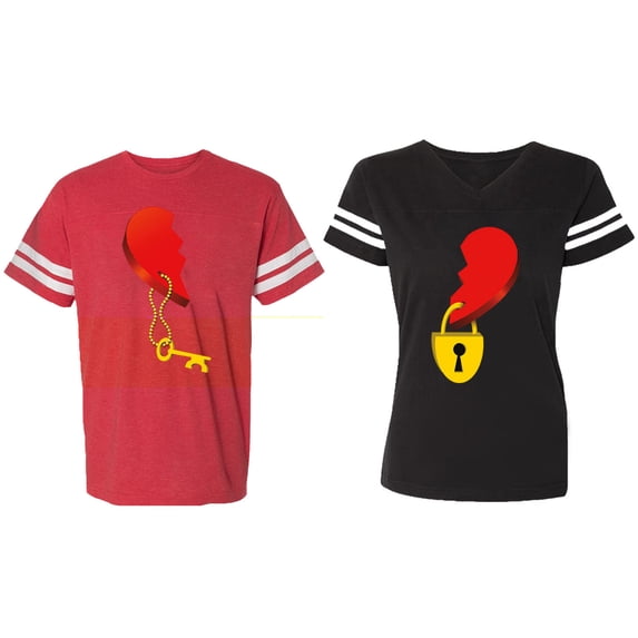Heart Key Lock Matching Couple Cotton Jerseys (Men Red / Women Black) (Men S / Women S)