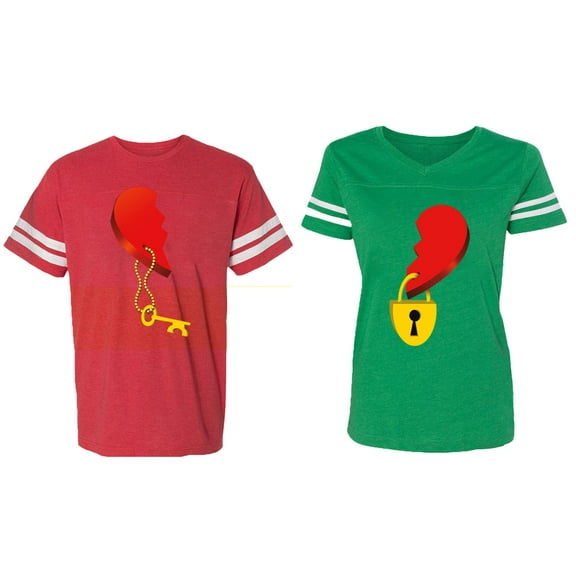 Heart Key Lock Matching Couple Cotton Jerseys (Men Red / Women Green) (Men XL / Women XL)