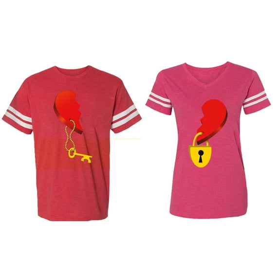 Heart Key Lock Matching Couple Cotton Jerseys (Men Red / Women Pink) (Men S / Women XXL)