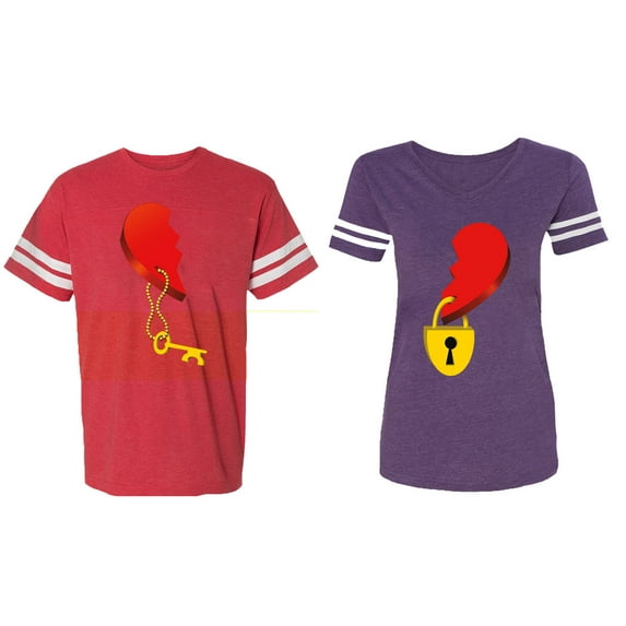 Heart Key Lock Matching Couple Cotton Jerseys (Men Red / Women Purple) (Men XL / Women XXL)