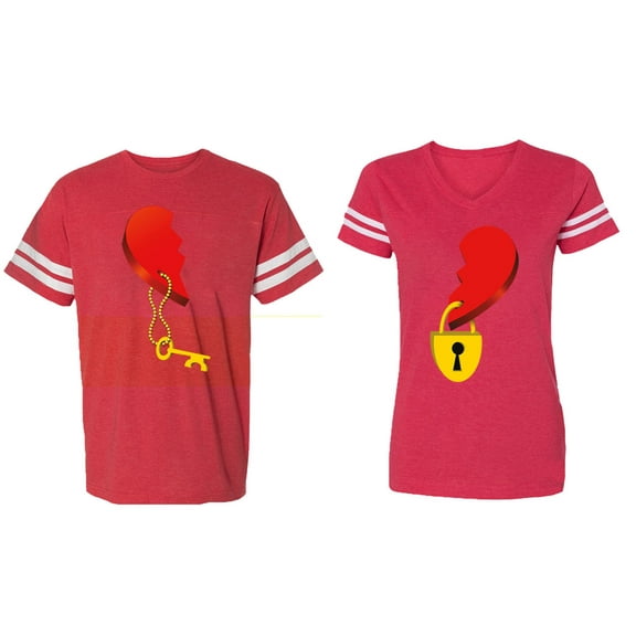Heart Key Lock Matching Couple Cotton Jerseys (Men Red / Women Red) (Men XL / Women M)
