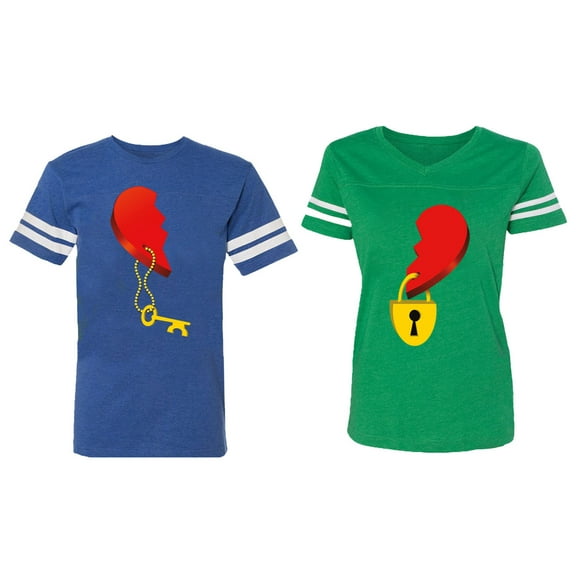 Heart Key Lock Matching Couple Cotton Jerseys (Men Royal / Women Green) (Men XL / Women L)