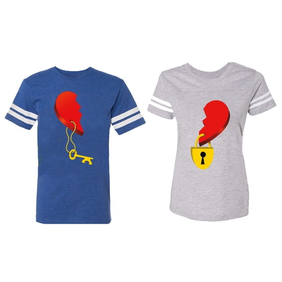 Heart Key Lock Matching Couple Cotton Jerseys (Men Royal / Women Heather) (Men XXL / Women S)