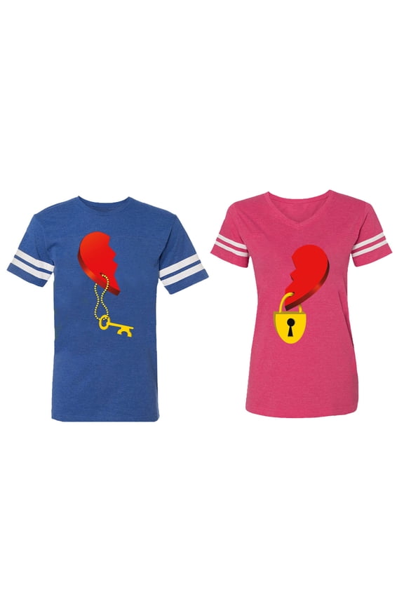 Heart Key Lock Matching Couple Cotton Jerseys (Men Royal / Women Pink) (Men S / Women XXL)