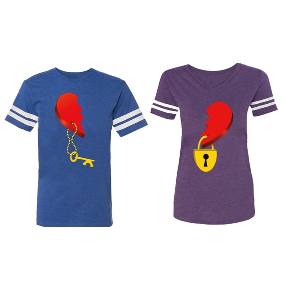 Heart Key Lock Matching Couple Cotton Jerseys (Men Royal / Women Purple) (Men S / Women XXL)