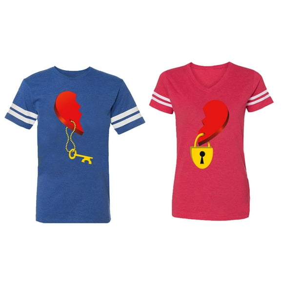 Heart Key Lock Matching Couple Cotton Jerseys (Men Royal / Women Red) (Men L / Women M)