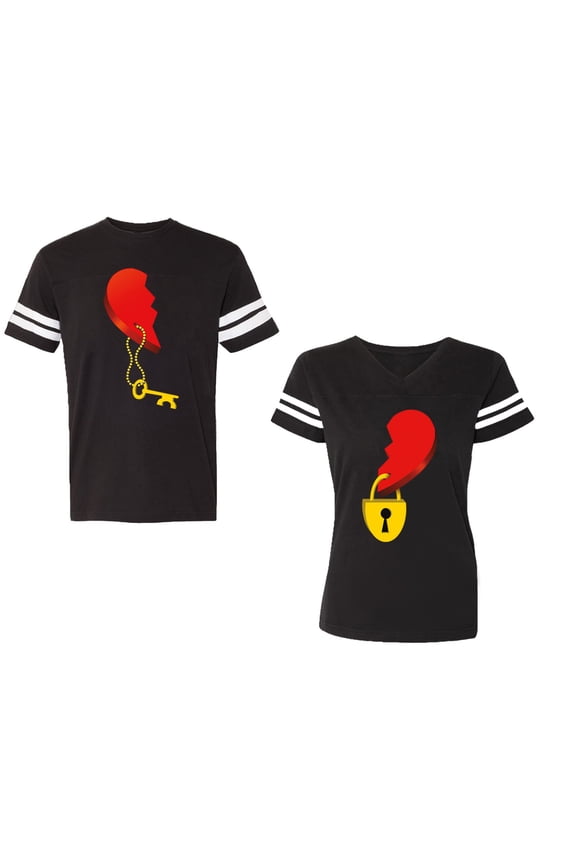 Heart Key Lock Unisex Couple Matching Cotton Jersey style T-Shirt Contrasting stripes on sleeves (Men Black / Women Black) (Men S / Women S)