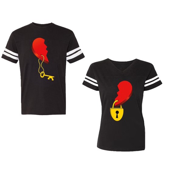 Heart Key Lock Unisex Couple Matching Cotton Jersey style T-Shirt Contrasting stripes on sleeves (Men Black / Women Black) (Men S / Women XXL)