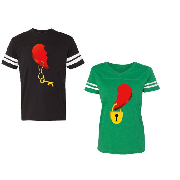 Heart Key Lock Unisex Couple Matching Cotton Jersey style T-Shirt Contrasting stripes on sleeves (Men Black / Women Green) (Men XL / Women S)