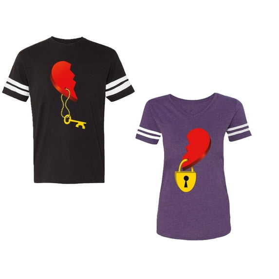 Heart Key Lock Unisex Couple Matching Cotton Jersey style T-Shirt Contrasting stripes on sleeves (Men Black / Women Purple) (Men XL / Women L)