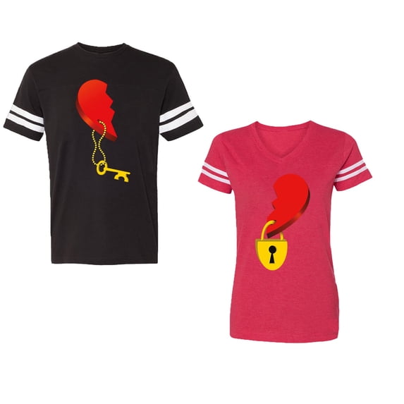 Heart Key Lock Unisex Couple Matching Cotton Jersey style T-Shirt Contrasting stripes on sleeves (Men Black / Women Red) (Men L / Women L)