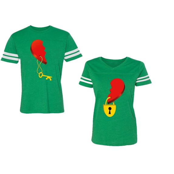 Heart Key Lock Unisex Couple Matching Cotton Jersey style T-Shirt Contrasting stripes on sleeves (Men Green / Women Green) (Men L / Women L)
