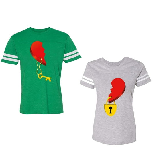 Heart Key Lock Unisex Couple Matching Cotton Jersey style T-Shirt Contrasting stripes on sleeves (Men Green / Women Heather) (Men M / Women XXL)