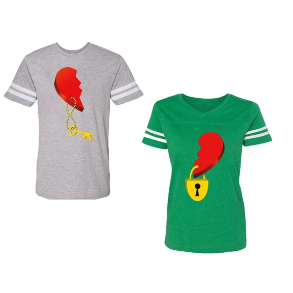 Heart Key Lock Unisex Couple Matching Cotton Jersey style T-Shirt Contrasting stripes on sleeves (Men Heather / Women Green) (Men XXL / Women M)
