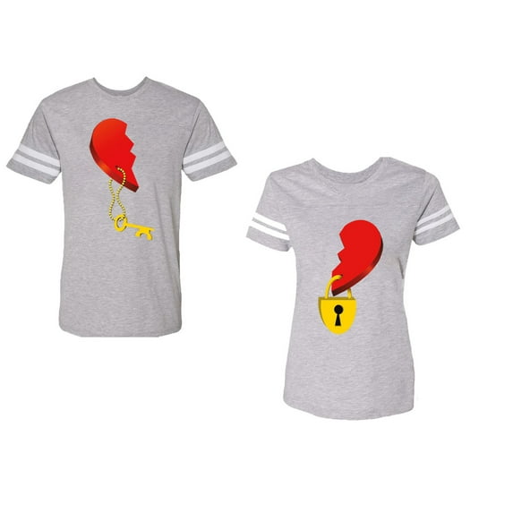 Heart Key Lock Unisex Couple Matching Cotton Jersey style T-Shirt Contrasting stripes on sleeves (Men Heather / Women Heather) (Men M / Women XXL)