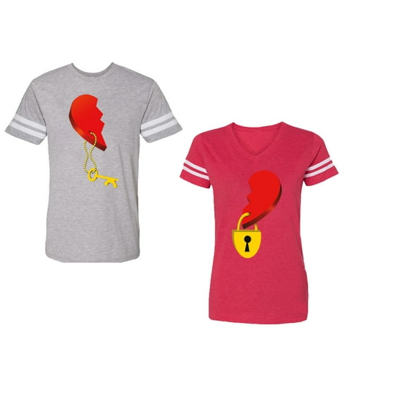 Heart Key Lock Unisex Couple Matching Cotton Jersey style T-Shirt Contrasting stripes on sleeves (Men Heather / Women Red) (Men XL / Women S)
