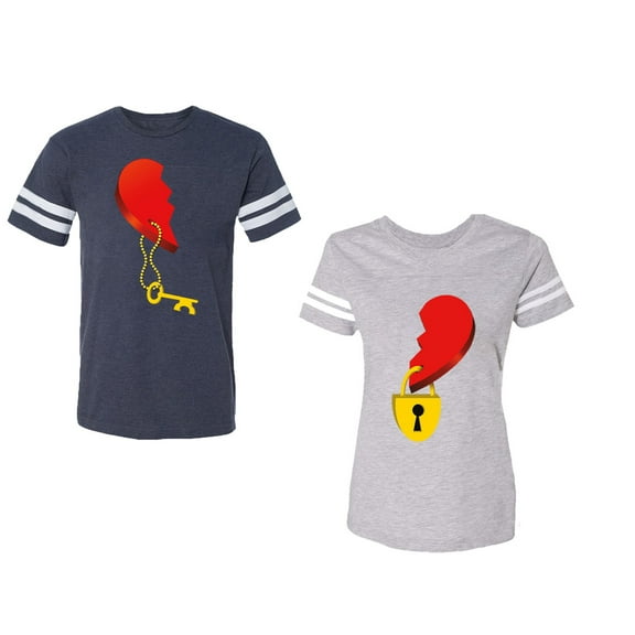 Heart Key Lock Unisex Couple Matching Cotton Jersey style T-Shirt Contrasting stripes on sleeves (Men Navy / Women Heather) (Men L / Women XXL)