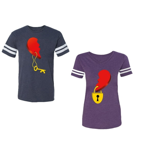 Heart Key Lock Unisex Couple Matching Cotton Jersey style T-Shirt Contrasting stripes on sleeves (Men Navy / Women Purple) (Men S / Women M)