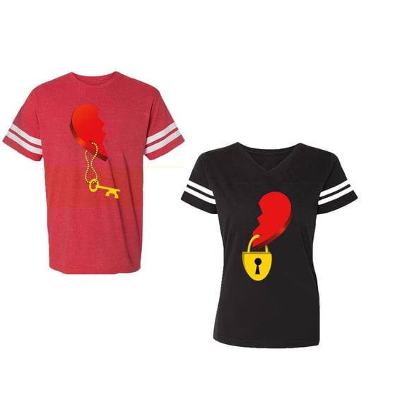 Heart Key Lock Unisex Couple Matching Cotton Jersey style T-Shirt Contrasting stripes on sleeves (Men Red / Women Black) (Men XXL / Women L)