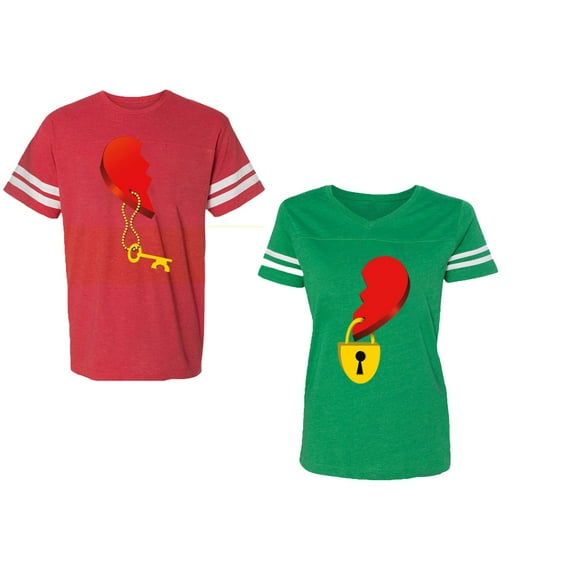 Heart Key Lock Unisex Couple Matching Cotton Jersey style T-Shirt Contrasting stripes on sleeves (Men Red / Women Green) (Men M / Women L)