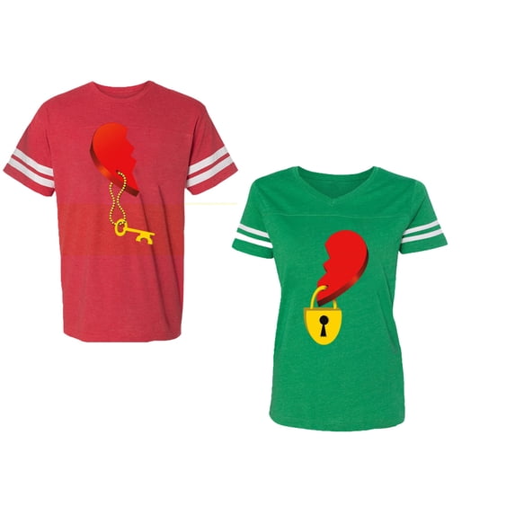 Heart Key Lock Unisex Couple Matching Cotton Jersey style T-Shirt Contrasting stripes on sleeves (Men Red / Women Green) (Men S / Women XXL)