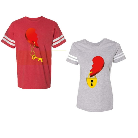 Heart Key Lock Unisex Couple Matching Cotton Jersey style T-Shirt Contrasting stripes on sleeves (Men Red / Women Heather) (Men XXXL / Women XXL)
