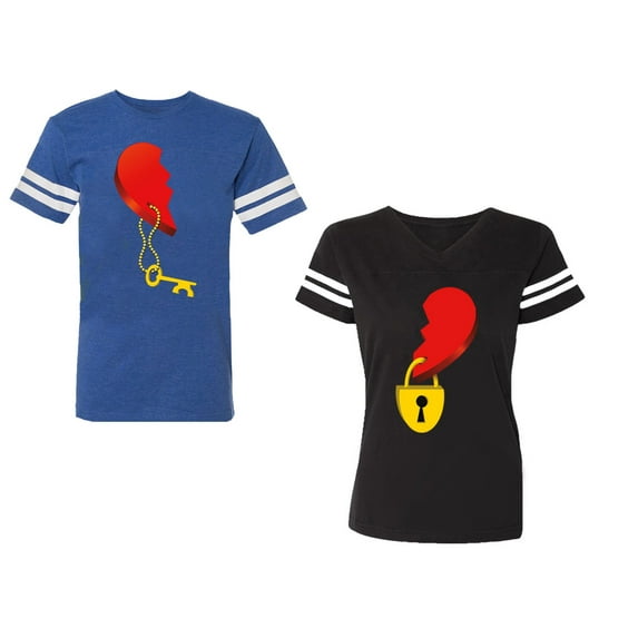 Heart Key Lock Unisex Couple Matching Cotton Jersey style T-Shirt Contrasting stripes on sleeves (Men Royal / Women Black) (Men S / Women S)