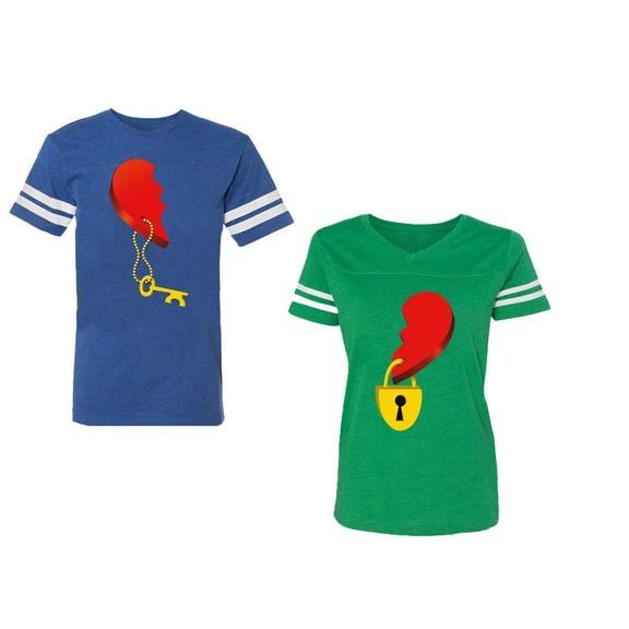 Heart Key Lock Unisex Couple Matching Cotton Jersey style T-Shirt Contrasting stripes on sleeves (Men Royal / Women Green) (Men S / Women XL)