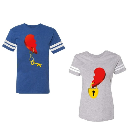 Heart Key Lock Unisex Couple Matching Cotton Jersey style T-Shirt Contrasting stripes on sleeves (Men Royal / Women Heather) (Men XXL / Women XL)
