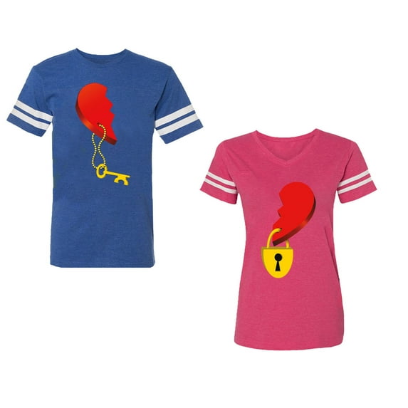 Heart Key Lock Unisex Couple Matching Cotton Jersey style T-Shirt Contrasting stripes on sleeves (Men Royal / Women Pink) (Men XXXL / Women XXL)